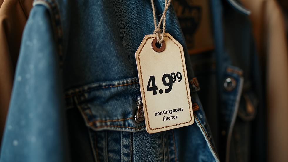 Close-up of a price tag showing a low price on a thrifted jacket