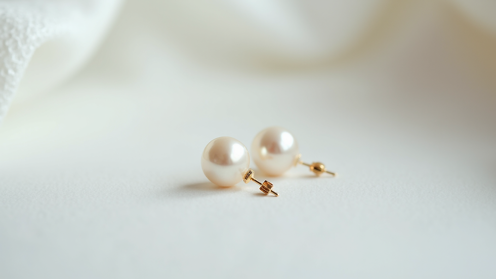Eye-level view of delicate bridal pearl earrings on white background