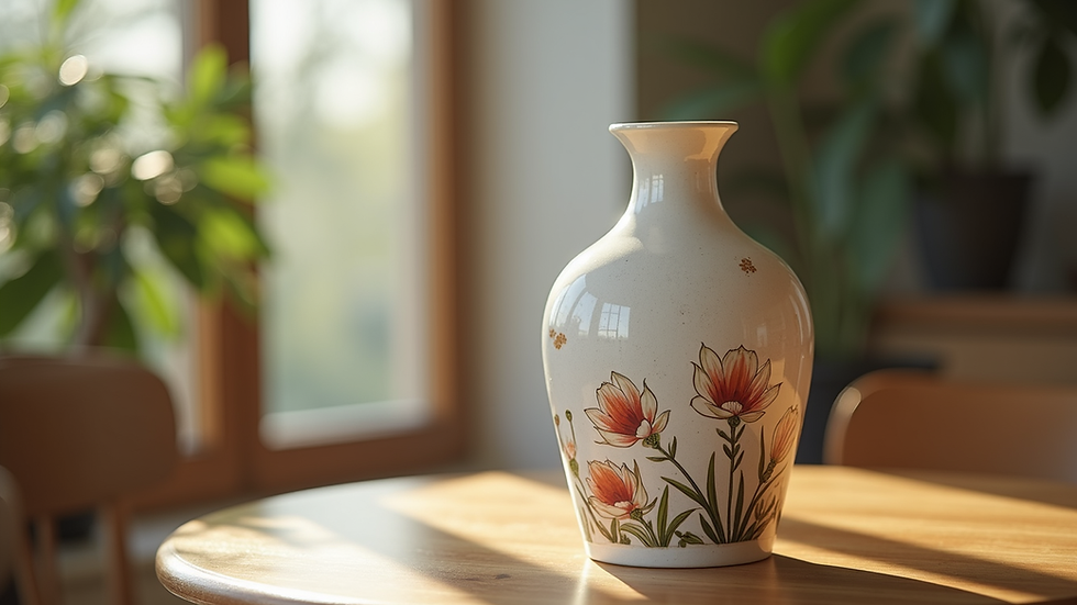 Close-up view of a hand-painted ceramic vase on a wooden table