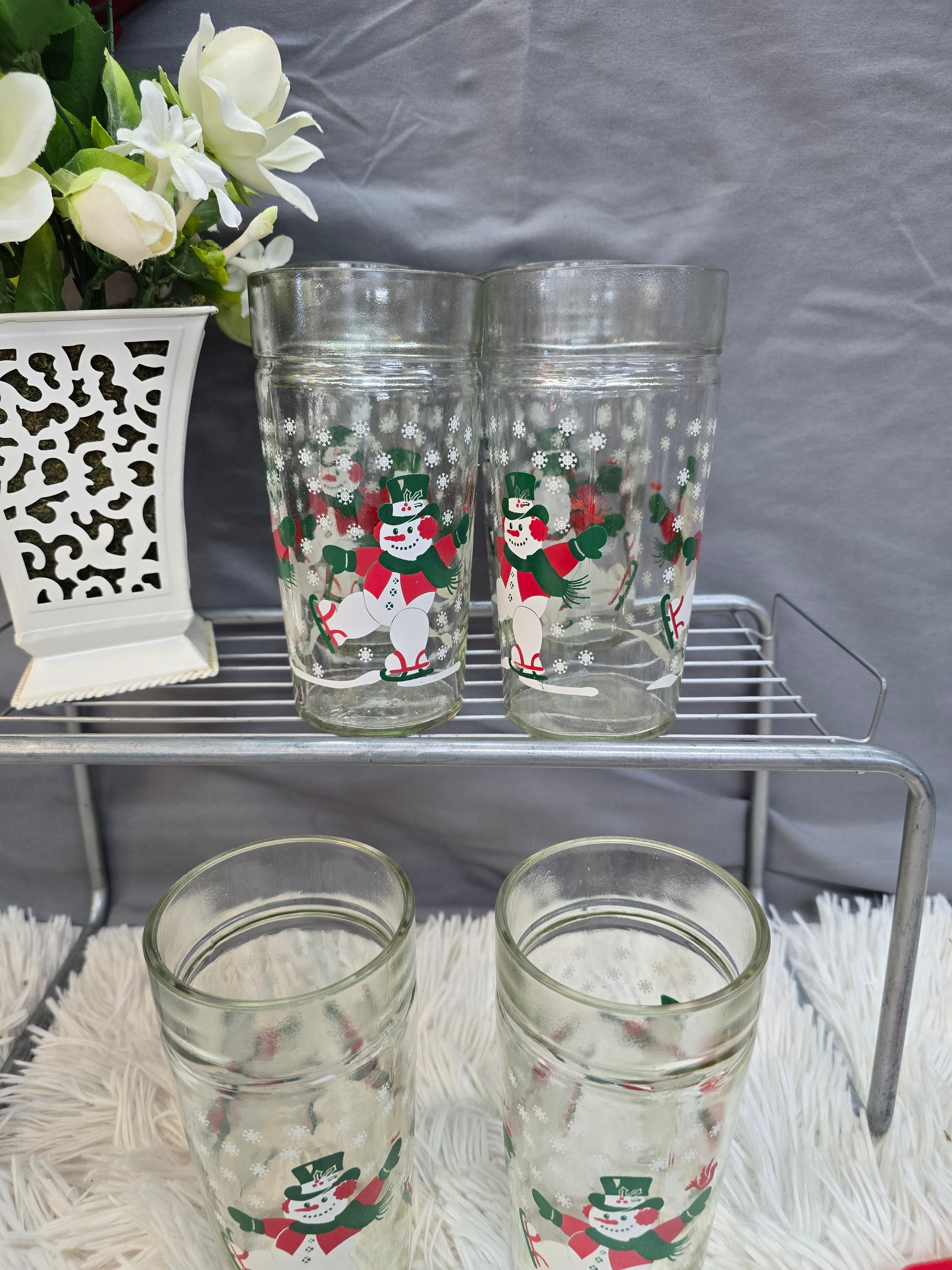 Anchor Hocking Skating Snowmen Jelly Jar Drinking Glasses set of 6 