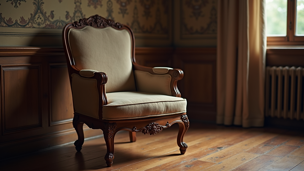 Eye-level view of a vintage wooden armchair with intricate carvings