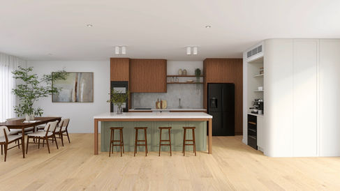 Kitchen and dining 3D render created to explore layout and material combinations