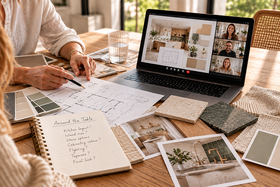 Online group discussion reviewing house plans and interior design selections.