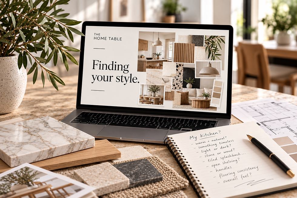 Laptop displaying a home design inspiration board surrounded by material samples.