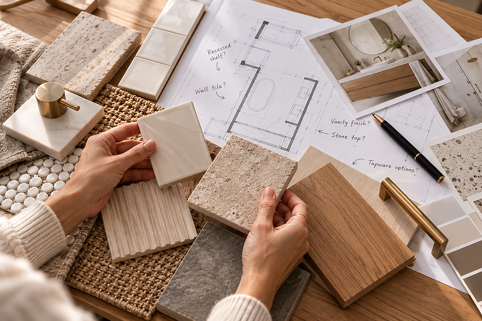 Hands comparing bathroom tiles and finishes over architectural plans.