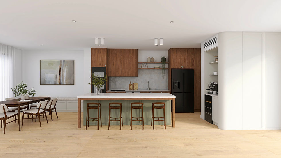 Modern kitchen with timber cabinetry, island bench and black appliances.