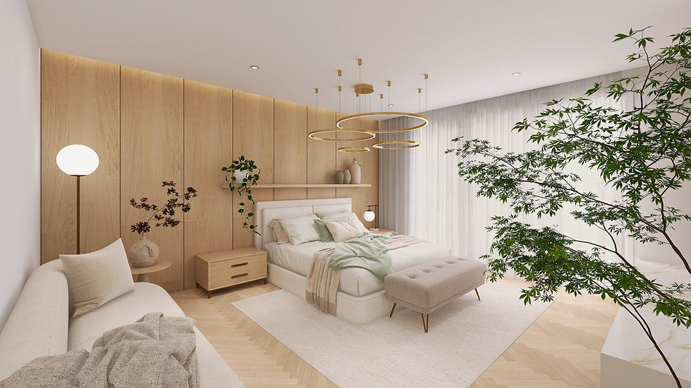 Contemporary bedroom with neutral furnishings and timber finishes.