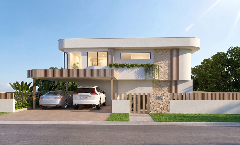 Contemporary two-storey home exterior with curved architectural features.