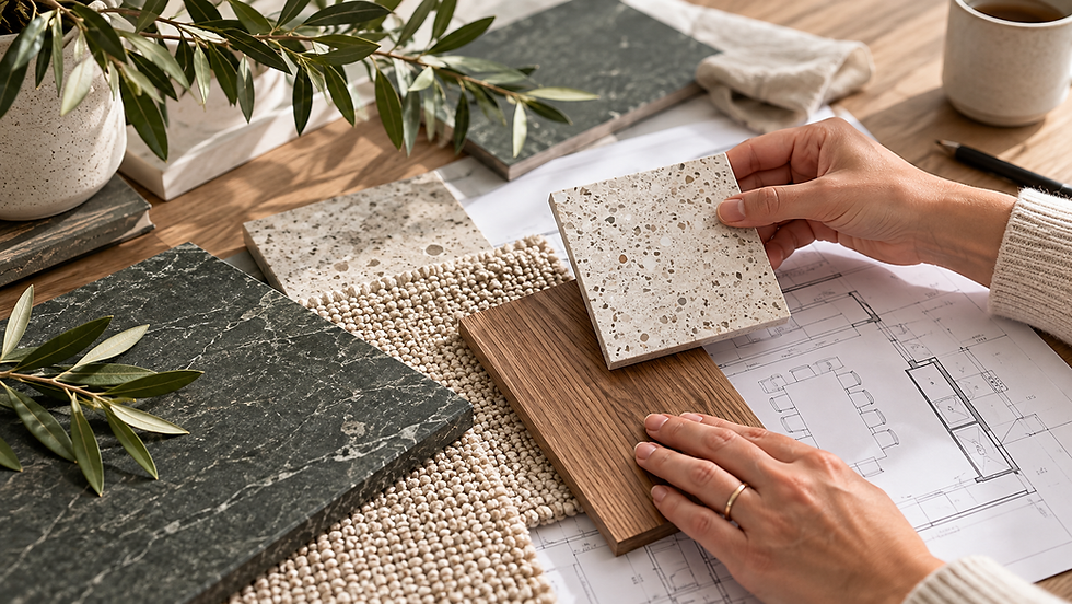 Hands comparing stone, timber and tile samples for a home renovation.
