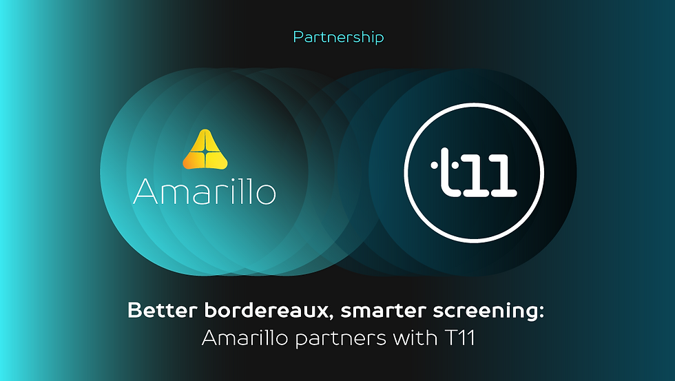 A composite image of the logos of insurtech providers Amarillo and t11. Their logos are surrounded by circles in shades of jade and the title of the blog is Better bordereaux, smarter screening: Amarillo partners with t11