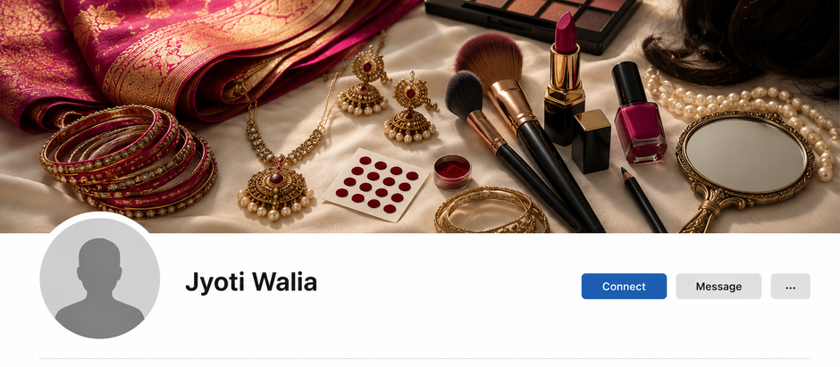 Illustration of a faceless social media profile named Jyoti Walia, with a cover image featuring a sari, jewellery and makeup arranged together, hinting at the character introduced in the story.
