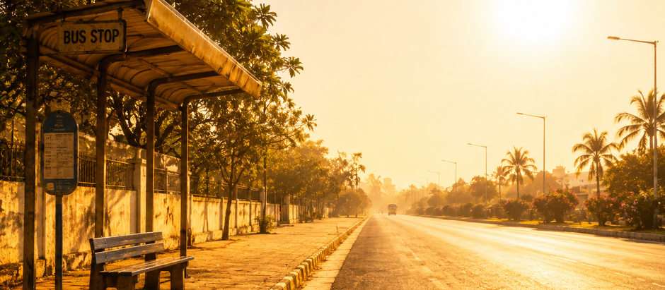 A sun-drenched empty bus stop beside a long road under a blazing afternoon sky, symbolising the journey in Sonu Nigam's Kismat album.