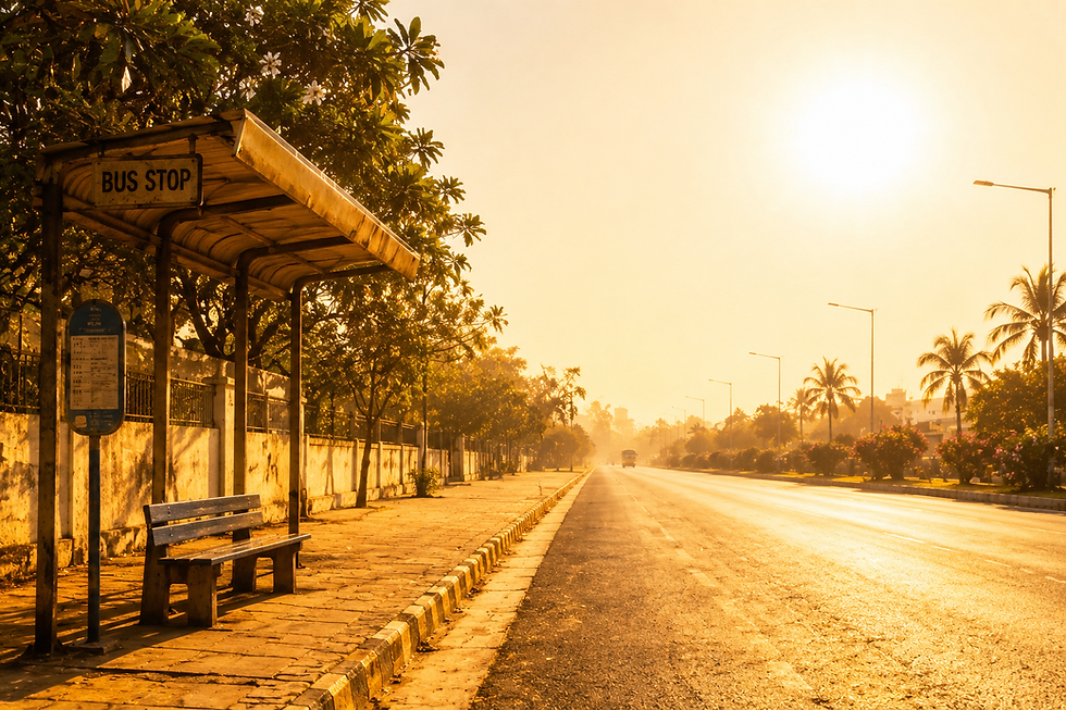 A sun-drenched empty bus stop beside a long road under a blazing afternoon sky, symbolising the journey in Sonu Nigam's Kismat album.