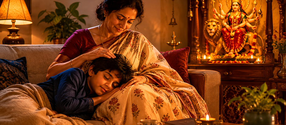 Mother comforting her sleeping son in a living room with a Durga shrine, inspired by Sonu Nigam’s song ‘Soja Sapno Mein Khoja’ from the album Sanskar.
