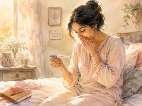 Watercolour illustration of an Indian woman discovering she is pregnant after seeing a positive pregnancy test at pregnancy week 6.