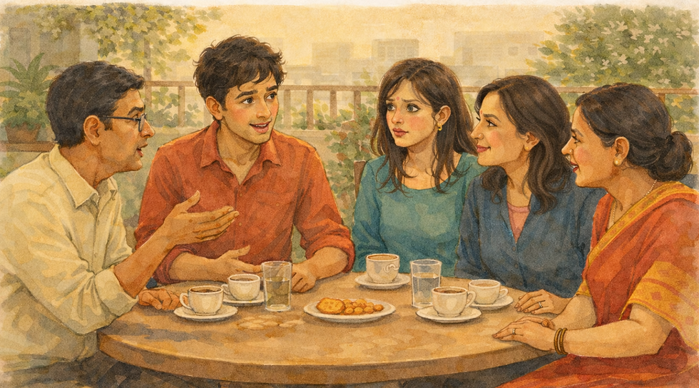 Mrs Banerjee, Mr Banerjee, Neerav, Isha and Mrs Sharma at the terrace tea in Apulki Chapter 15, discussing wedding plans and family banter.