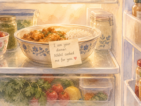 Watercolour illustration of chicken curry and rice in a fridge, with a handwritten note saying, “I am your dinner. Nikhil cooked me for you.”