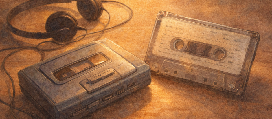 Watercolor illustration of a vintage Walkman-style cassette player with headphones and an audio cassette from the late 1990s Indian pop music era.