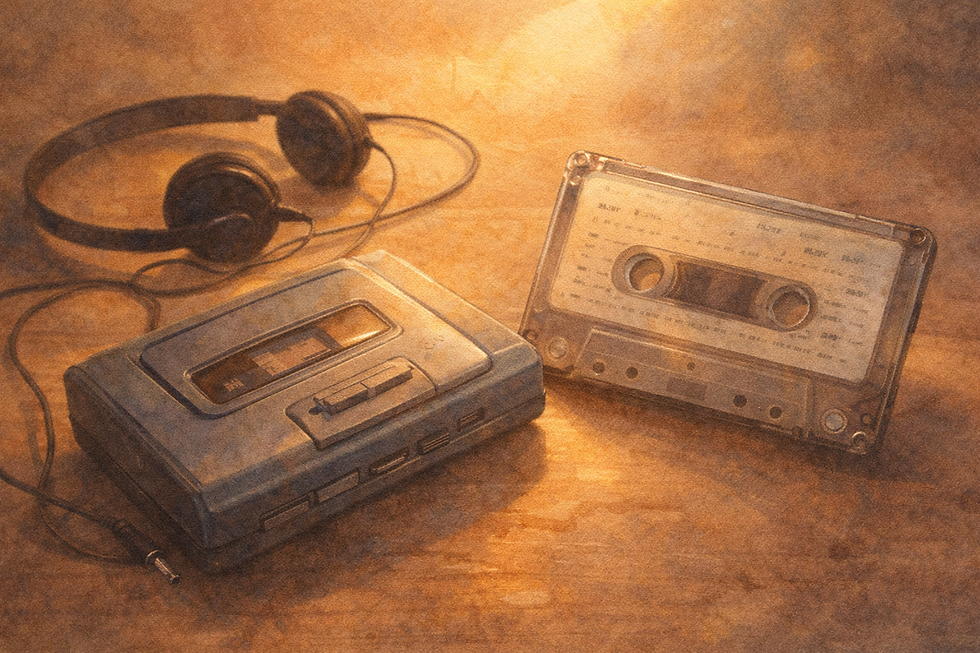 Watercolor illustration of a vintage Walkman-style cassette player with headphones and an audio cassette from the late 1990s Indian pop music era.