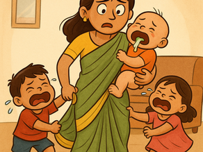 Stressed mother surrounded by three crying kids.