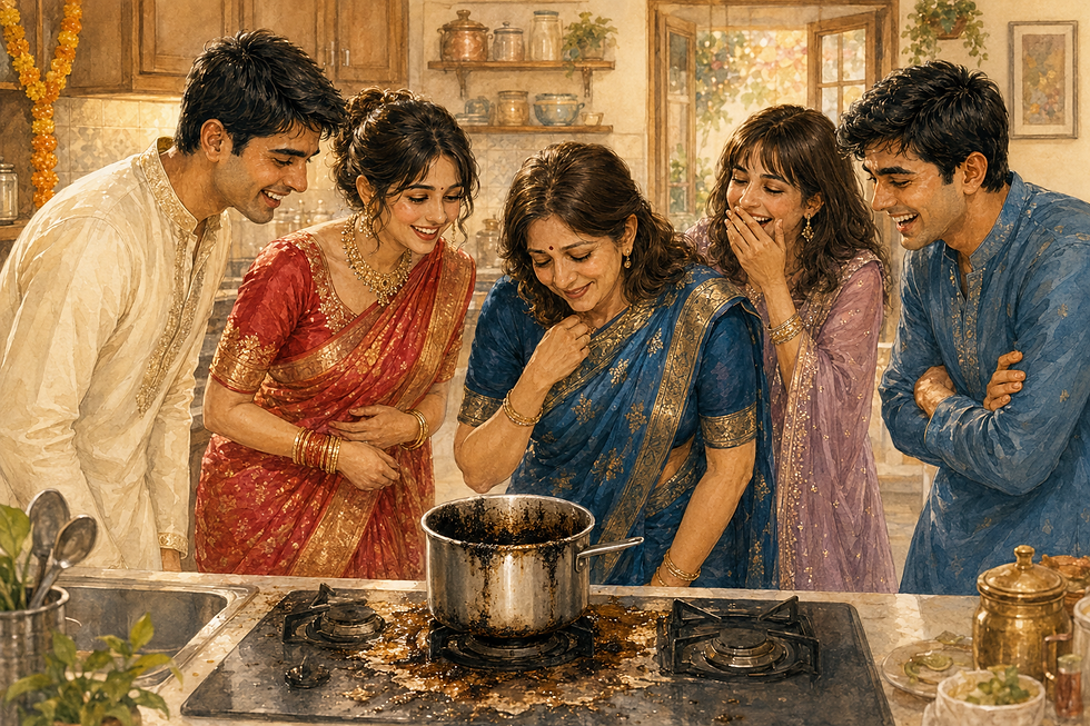 Mrs Banerjee discovers the burnt pan as newlyweds Isha and Neerav, along with friends Yamini and Akash, laugh together in the kitchen during the post-wedding rituals in Apulki.