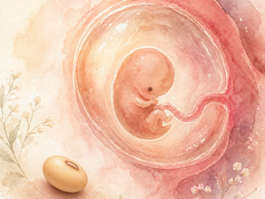 Watercolour illustration of a seven-week embryo in the womb beside a soybean to show the baby’s size at pregnancy week 7.