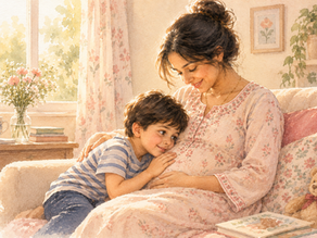 Pregnancy week 9 – young boy resting his head on his pregnant mother’s bump in a warm watercolour illustration.