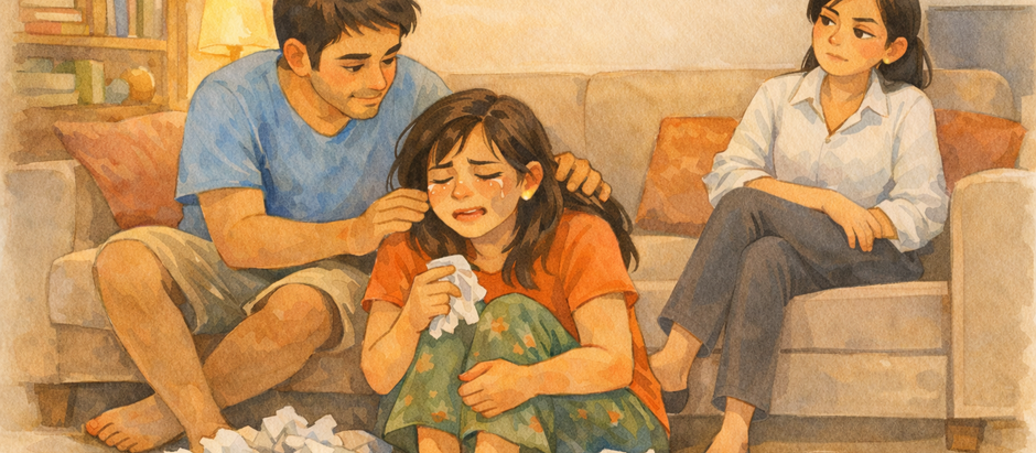Yamini crying over Sunil Waghmare engagement news while Akash comforts her and Isha looks on in their apartment in Apulki Chapter 19.