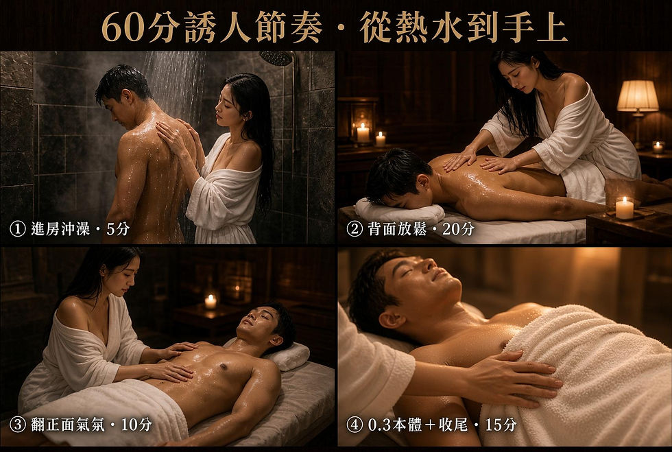 60 分半套流程:沖澡、背面按摩、翻正面、0.3 本體與收尾