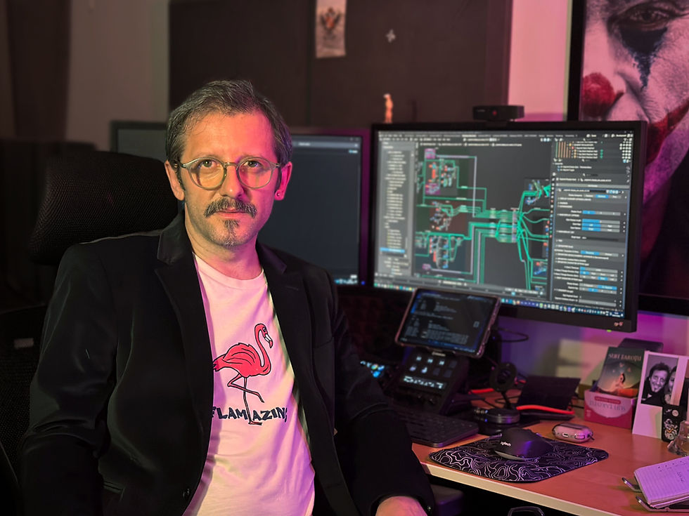 Ahmet Baykara, founder of Orion November Studio and developer of procedural Blender add-ons, working in his studio.