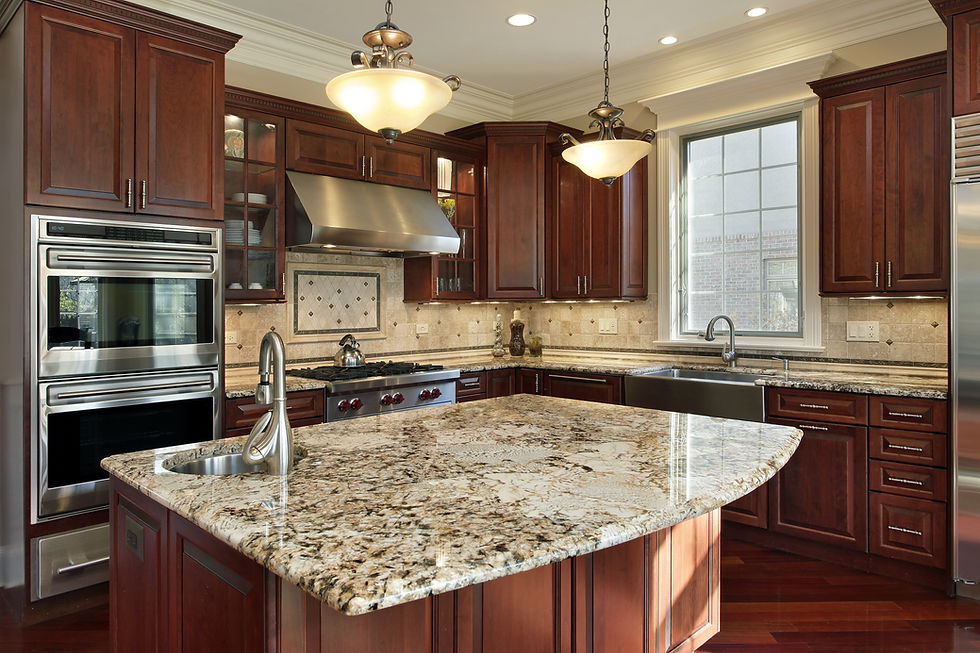 Kitchen with granite island and cherry wood cabinetry