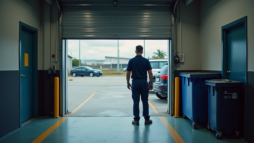 High angle view of a professional garage door technician working