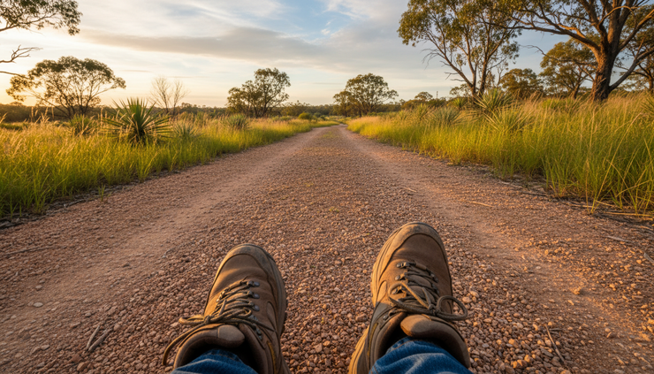Low-angle view of sturdy walking shoes on a gravel track leading into open bushland