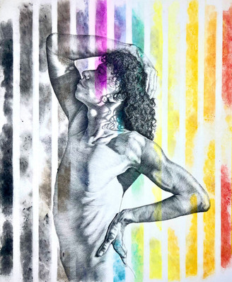 Black and white pen drawing of a topless person with their hand on their head, surrounded by a rainbow