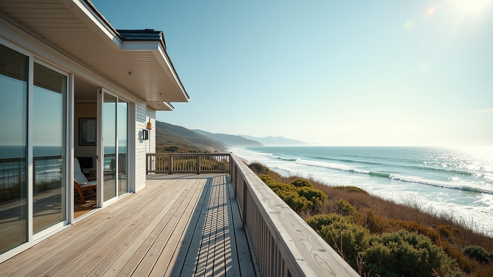 Eye-level view of a charming beach house with a wooden deck overlooking the ocean