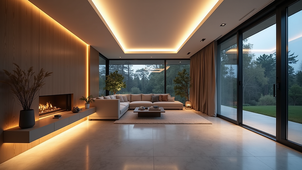 Wide angle view of a modern home equipped with smart lighting systems