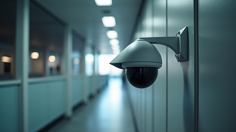 High angle view of a modern surveillance camera installed indoors