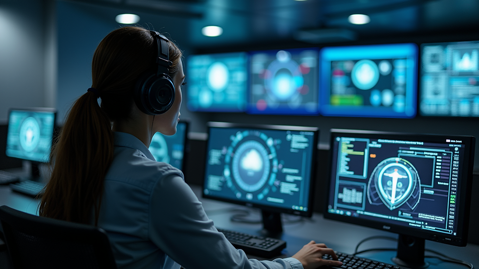 High angle view of a security control room with multiple monitors displaying access control data