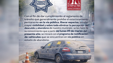 Dará inicio Tránsito de Empalme a retiro de vehículos abandonados en la vía pública