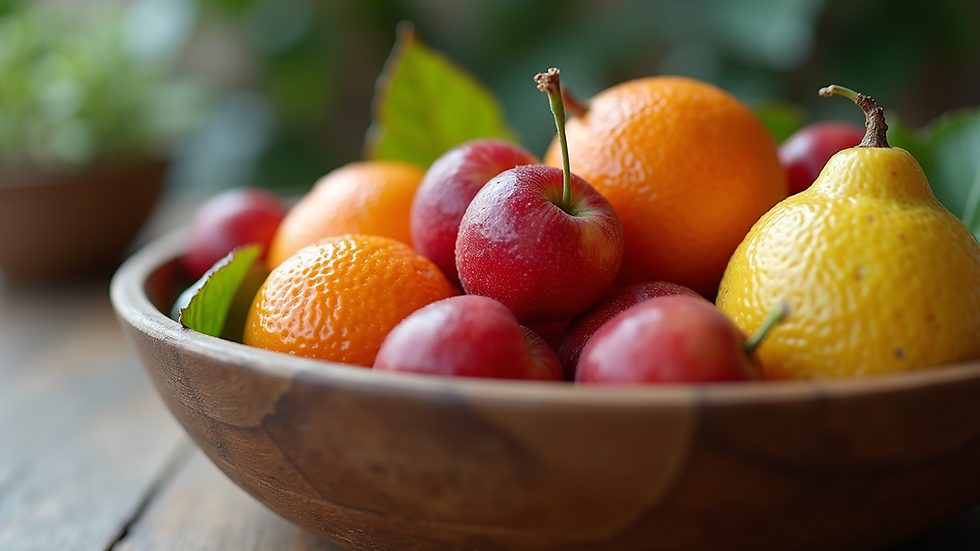 Close-up view of a bowl filled with assorted natural fruits