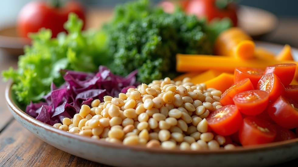 Close-up view of a colorful, balanced meal with fresh vegetables and grains