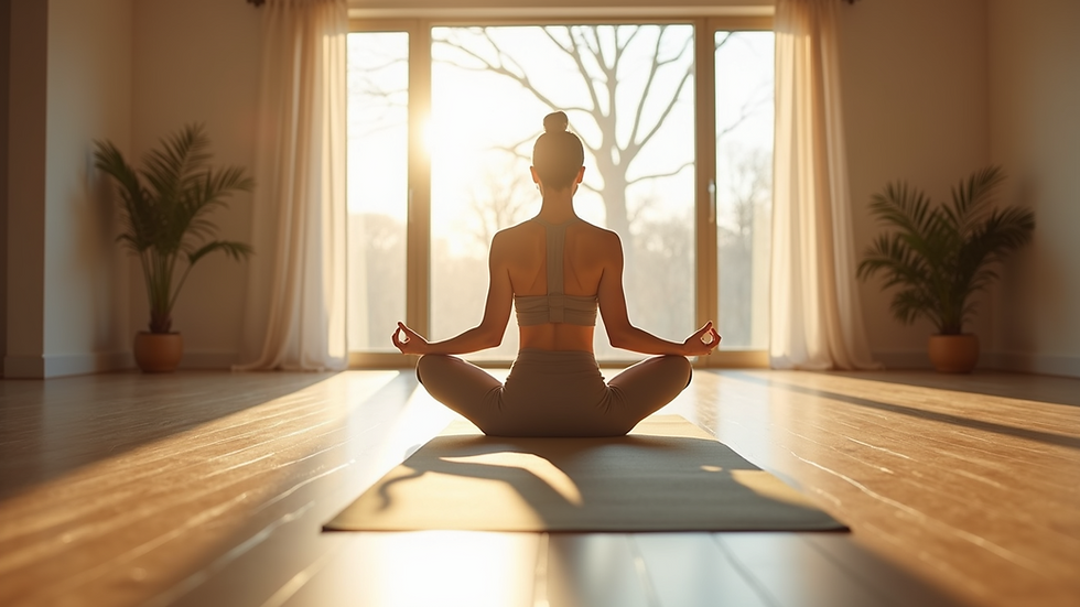 Eye-level view of a serene yoga studio with natural light