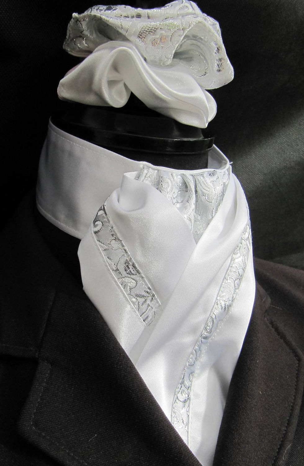 Thumbnail: White Faux Silk & Silver Brocade Riding Stock, option of Diamantes