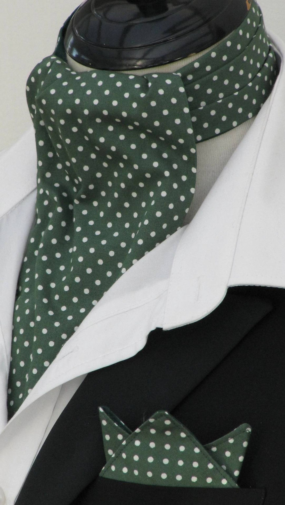 Thumbnail: Mens Forest Green and White Pin Dot Cotton Ascot Cravat Pocket Square