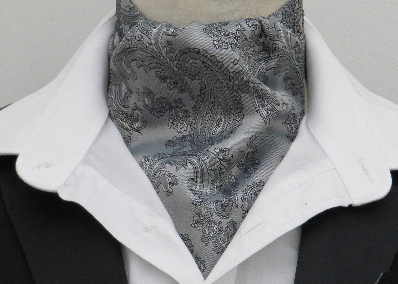 Mens Sliver & Black Paisley Fine Shot Satin Ascot Cravat & Pocket Square