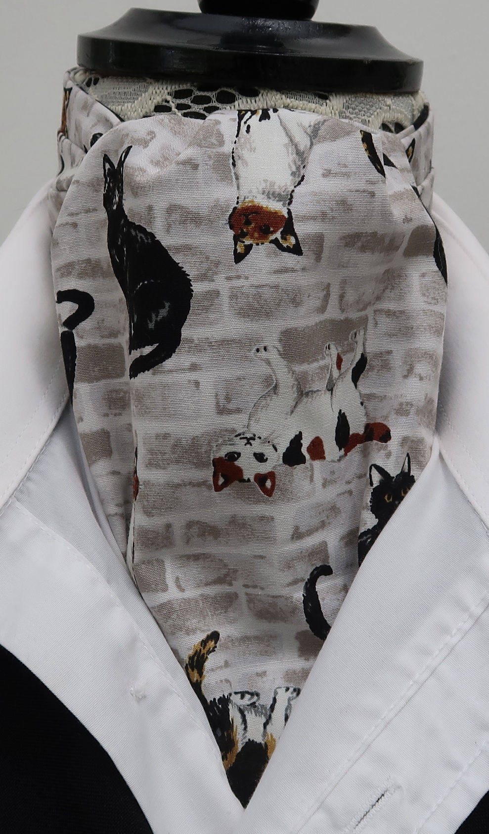 Grey and White Cat Design Cotton Ascot Cravat / Pocket Square