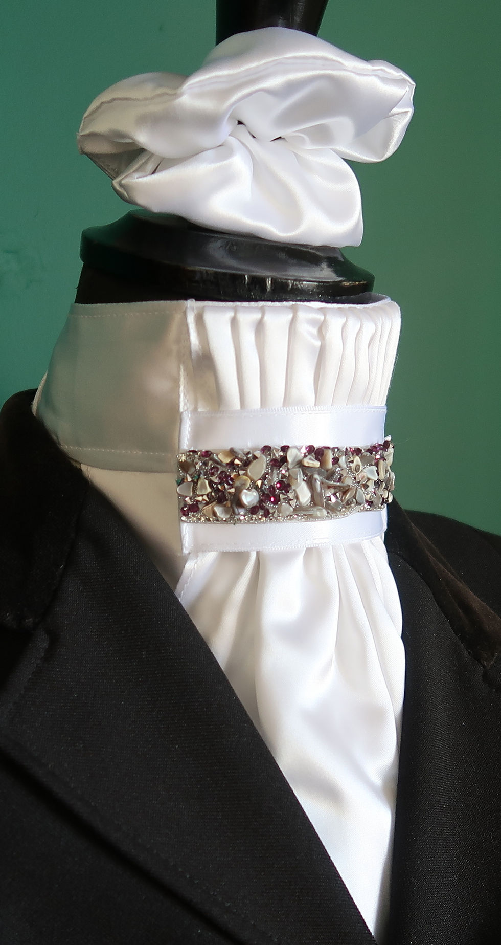 Thumbnail: Ready Tied Faux Silk Riding Stock Bib with Burgundy and Natural Diamante Detail