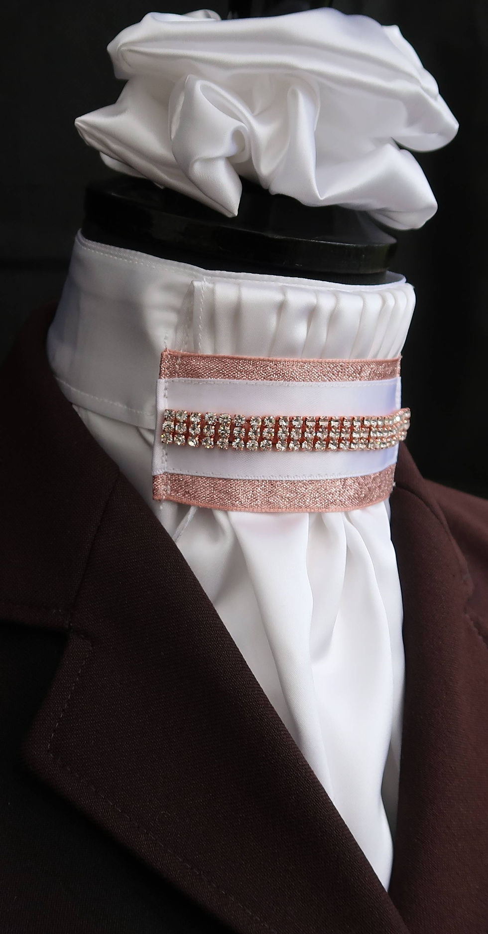 Thumbnail: White Faux Silk Riding Stock Bib with Rose Gold Diamante & Ribbon