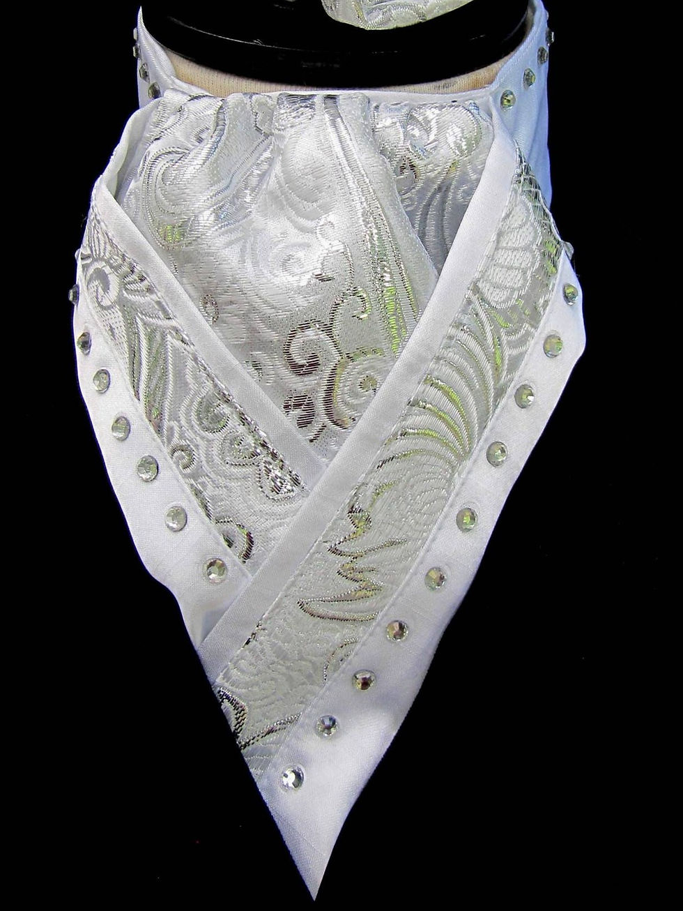 Thumbnail: White Faux Silk & Silver Brocade Riding Stock, option of Diamantes