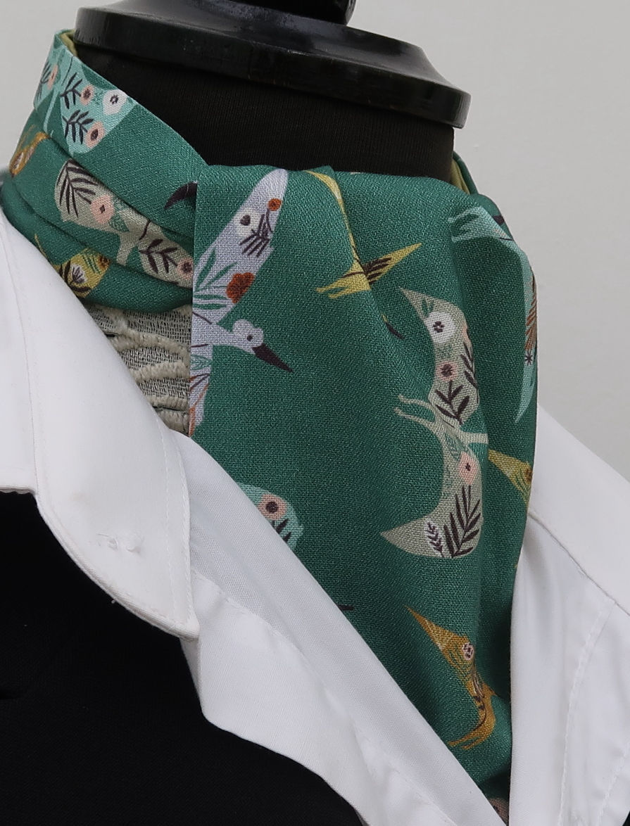 Thumbnail: Deep Sage Green with Heron Bird detail Ascot Cravat Pocket Square